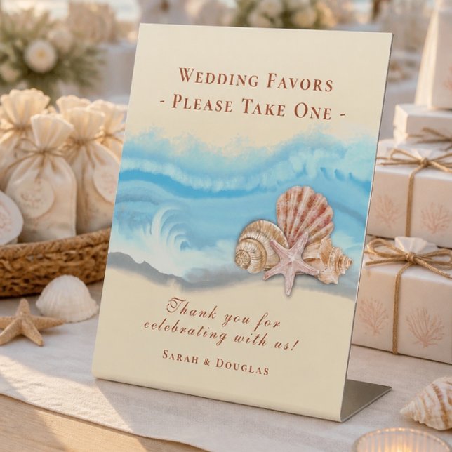 Romantic Blue Ocean Wave & Seashells Favor Pedestal Sign (Creator Uploaded)