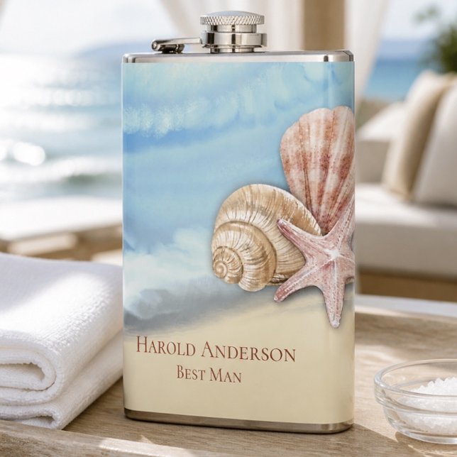 Romantic Blue Ocean Wave & Seashells  Flask (Creator Uploaded)