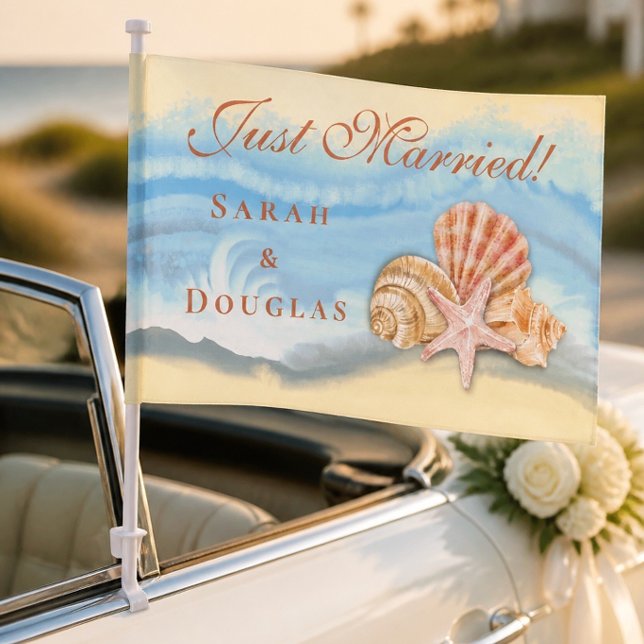 Romantic Blue Ocean Wave & Seashells Wedding Car Flag (Creator Uploaded)