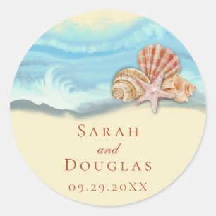 Romantic Blue Ocean Wave & Seashells Wedding Classic Round Sticker