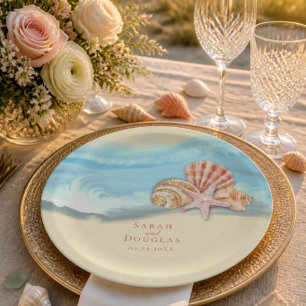 Romantic Blue Ocean Wave & Seashells Wedding Paper Plates