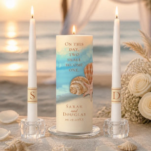 Romantic Blue Ocean Wave & Seashells Wedding Unity Candle Set