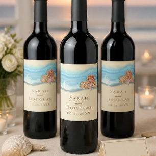 Romantic Blue Ocean Wave & Seashells Wedding Wine Label