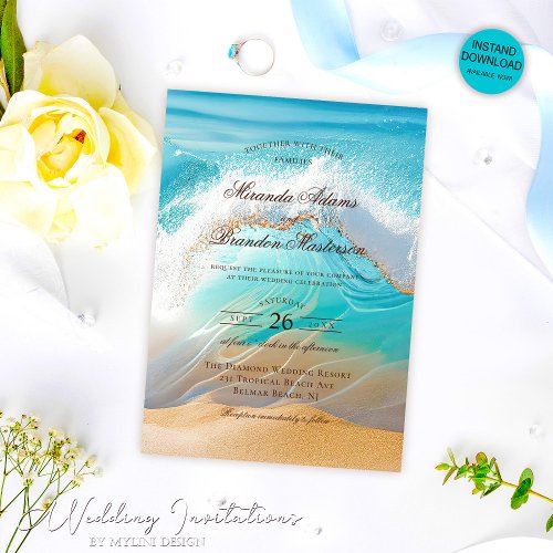Romantic Blue Ocean Waves Tropical Beach Wedding Invitation
