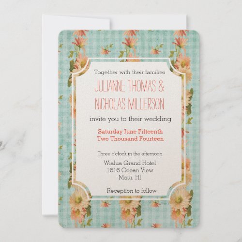 Romantic Blue Peach Floral Wedding Invitation