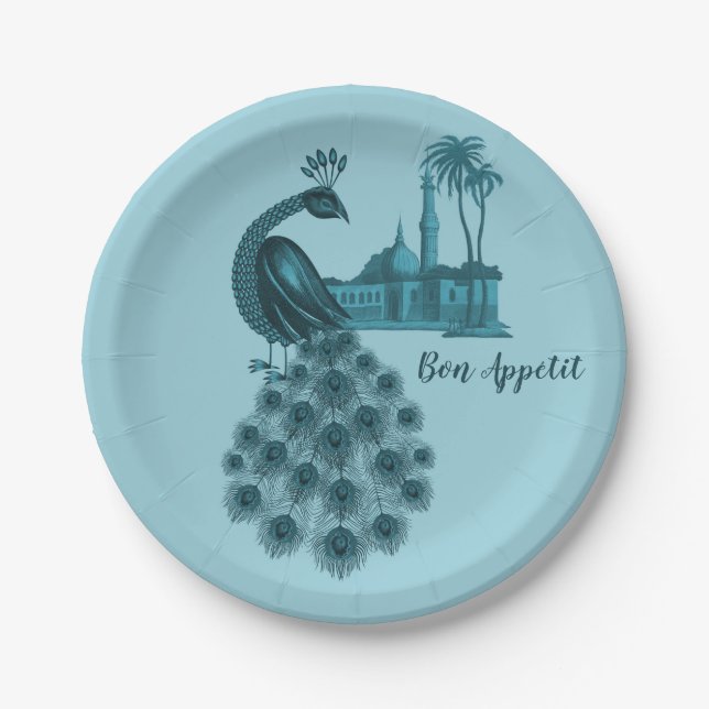 Romantic Blue Peacock Paper Plates (Front)