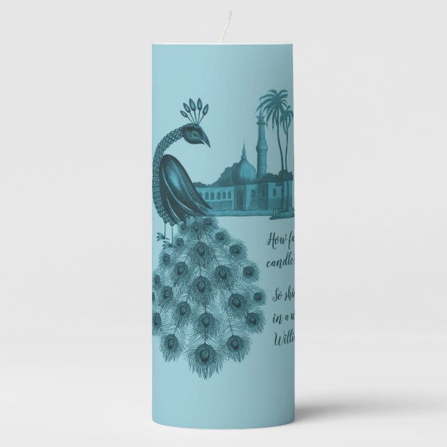 Romantic Blue Peacock Pillar Candle (Front)