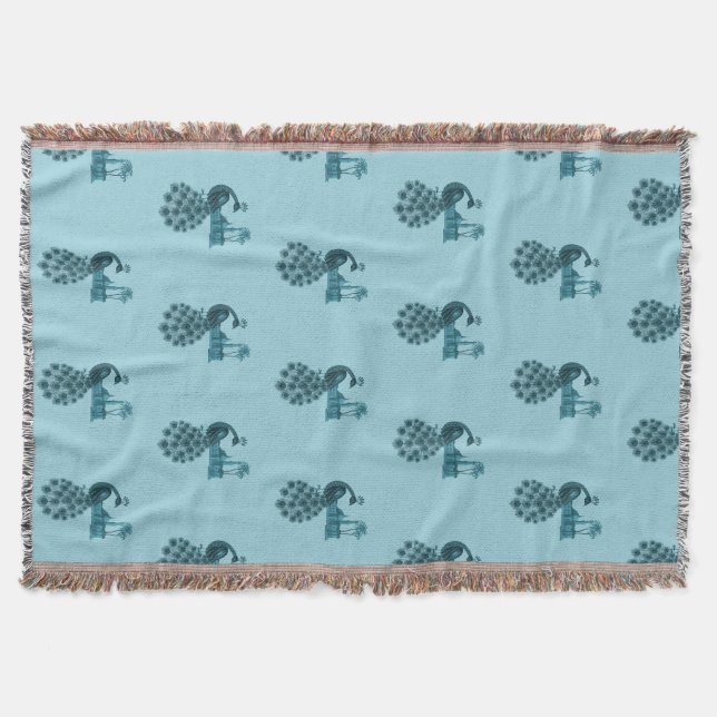 Romantic Blue Peacock Throw Blanket (Front)