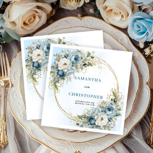 Romantic Blue Peonies Gold Foil Wedding Napkins