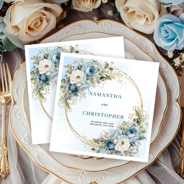 Romantic Blue Peonies Gold Foil Wedding Napkins (Romantic Blue Peonies Gold Foil Wedding Napkins)