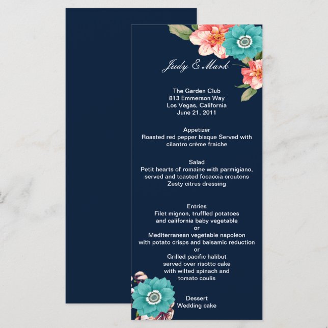 Romantic Blue Pink Floral Botanical Wedding Menu (Front/Back)