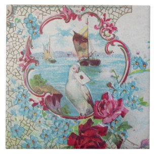 ROMANTIC BLUE PINK FLORAL,DOVE,ROSES AND SEASCAPE CERAMIC TILE
