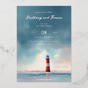 Romantic Blue Pink Lighthouse Foil Invitation