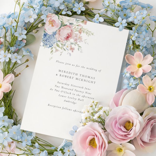 Romantic Blue & Pink Pastel Floral Wedding Invitation (Creator Uploaded)