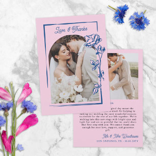 Romantic Blue Pink Rose Illustration Photo Wedding Thank You Card