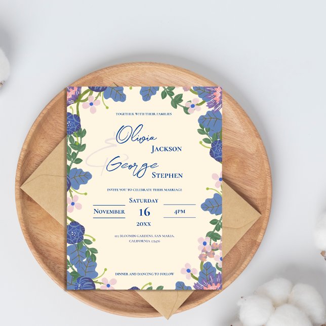 Romantic Blue & Purple Floral Wedding Invitation Postcard (Romantic Blue & Purple Floral Wedding Invitation Postcard)