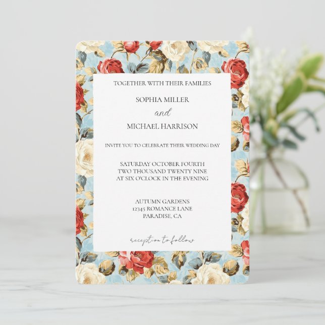 Romantic Blue Red Cream Roses Floral Wedding Invitation (Standing Front)