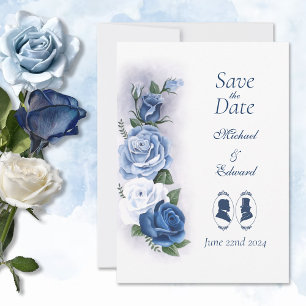 Romantic Blue Regency Gay Botanical Silhouette  Save The Date