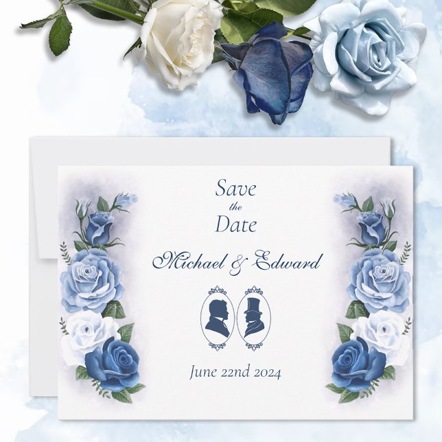 Romantic Blue Regency Gay Botanical Silhouette  Save The Date (Creator Uploaded)