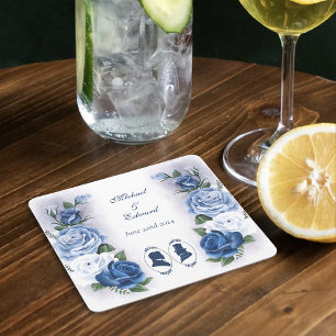 Romantic Blue Regency Gay Botanical Silhouette Square Paper Coaster