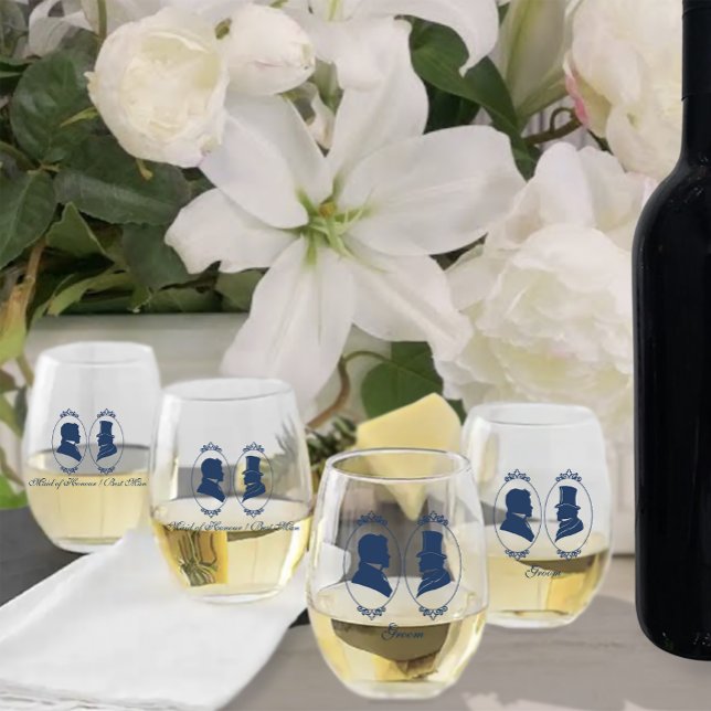 Romantic Blue Regency Gay Botanical Silhouette  Stemless Wine Glass (Creator Uploaded)