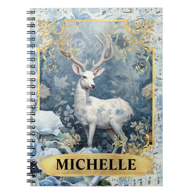 Romantic Blue Roses and Deer Fantasy Notebook (Front)