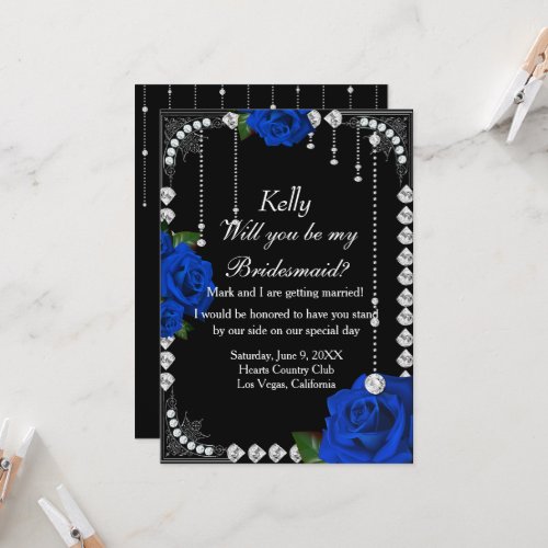 Romantic Blue Roses And Diamonds Bridesmaid Invitation