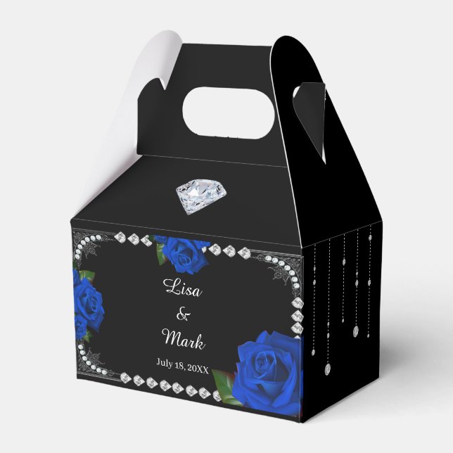 Romantic Blue Roses And Diamonds Favor Boxes (Front Side)
