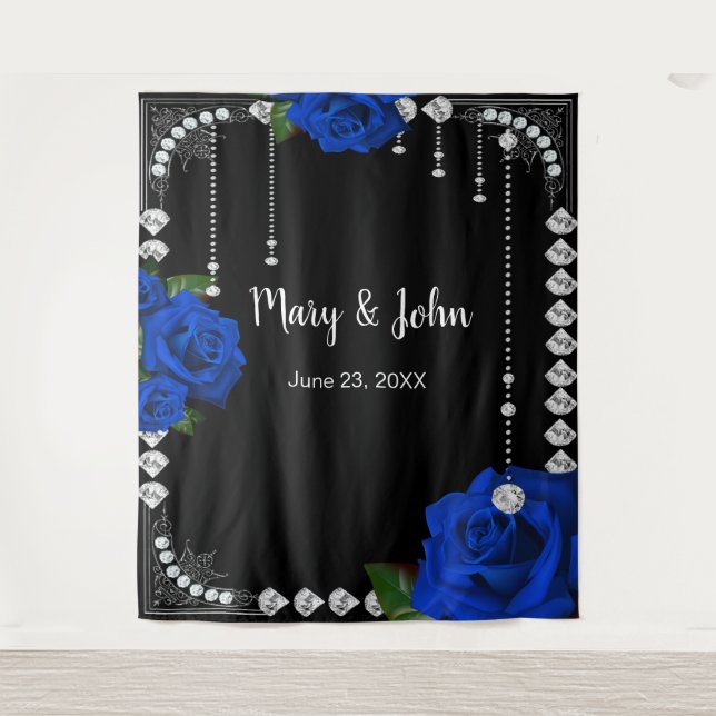 Romantic Blue Roses And Diamonds Photo Backdrop (Front)
