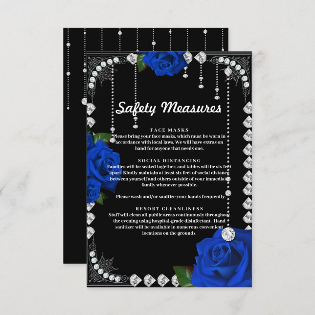 Romantic Blue Roses And Diamonds Safety Measures Note Card (Front/Back)