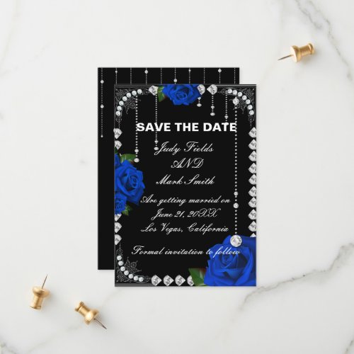 Romantic Blue Roses And Diamonds Save The Date