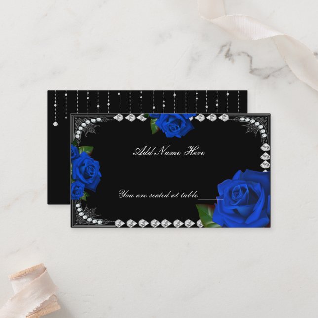 Romantic Blue Roses And Diamonds Table Place Card (Front/Back In Situ)