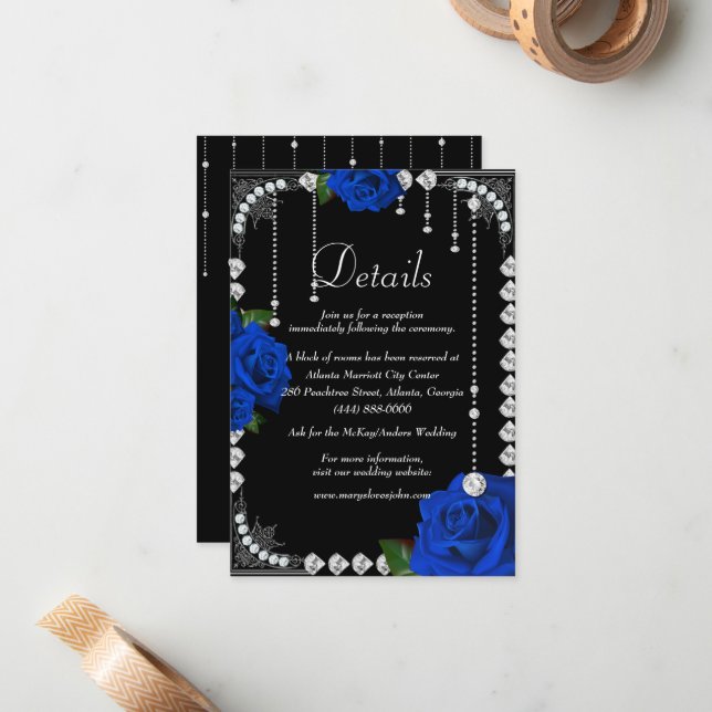Romantic Blue Roses And Diamonds Wedding Details Note Card (Front/Back In Situ)
