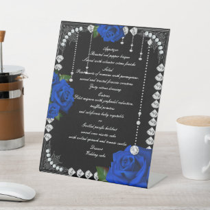 Romantic Blue Roses And Diamonds Wedding Menu Pedestal Sign