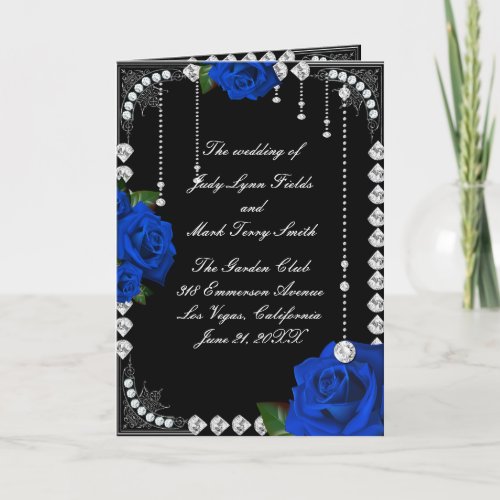 Romantic Blue Roses And Diamonds Wedding Program