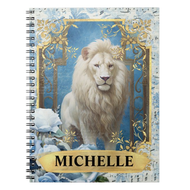 Romantic Blue Roses and Lion Fantasy Notebook (Front)