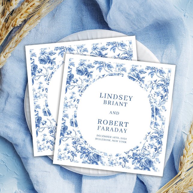 Romantic Blue Roses Toile Personalized Wedding  Napkins (Romantic Blue Roses Toile Personalized Wedding Napkins)