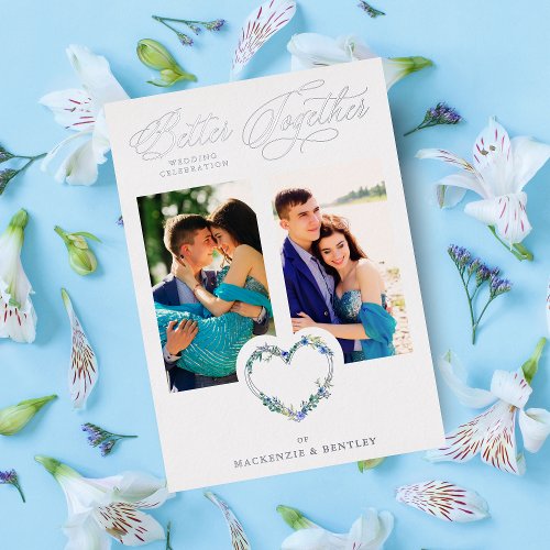 Romantic Blue Shades Real Silver Floral Heart  Foil Invitation