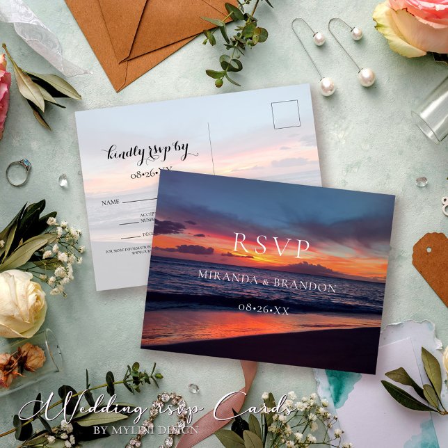 Romantic Blue Sunset Beach Wedding RSVP Postcard (Creator Uploaded)
