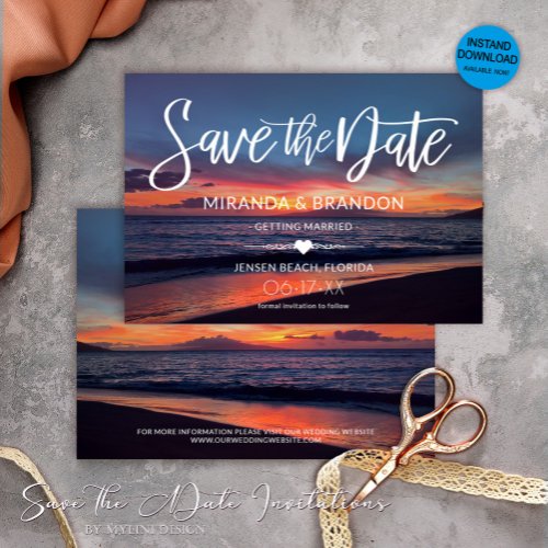 Romantic Blue Sunset Summer Beach Wedding Save The Date