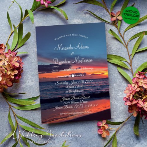 Romantic Blue Sunset Tropical Beach Wedding Invitation