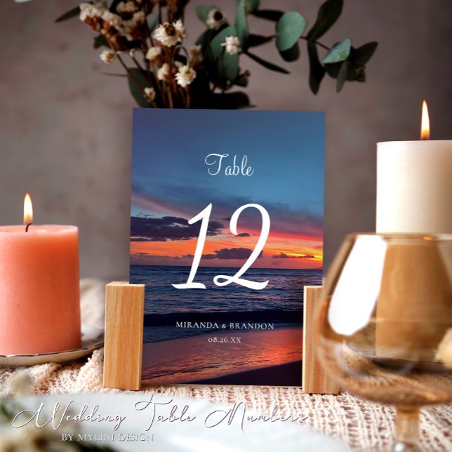 Romantic Blue Sunset Tropical Beach Wedding Table Number (Creator Uploaded)