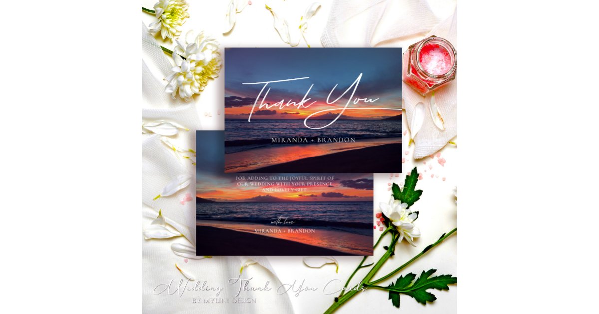 Romantic Blue Sunset Tropical Beach Wedding Thank You Card | Zazzle