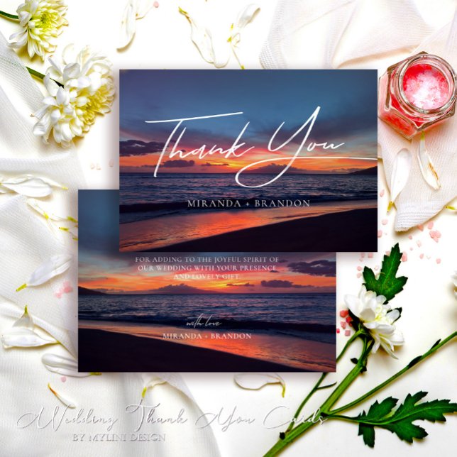 Romantic Blue Sunset Tropical Beach Wedding Thank You Card (Creator Uploaded)