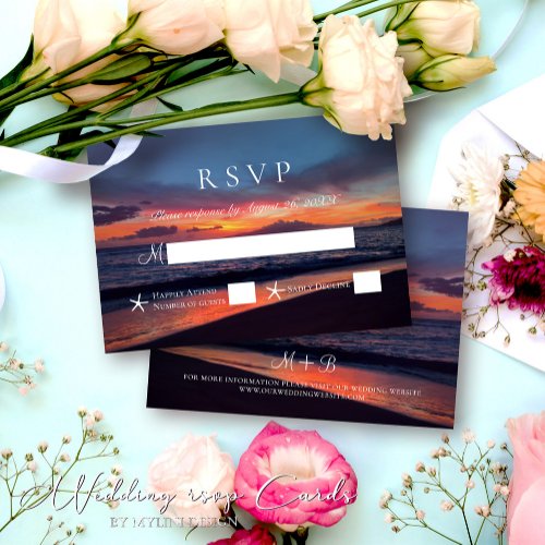 Romantic Blue Sunset Tropical Summer Beach Wedding RSVP Card