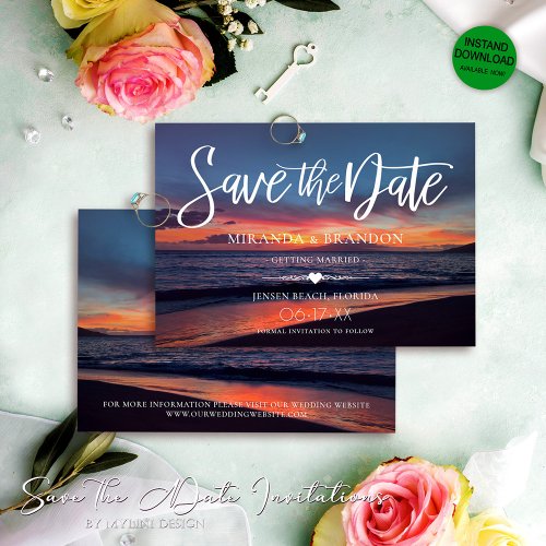 Romantic Blue Sunset Tropical Summer Beach Wedding Save The Date