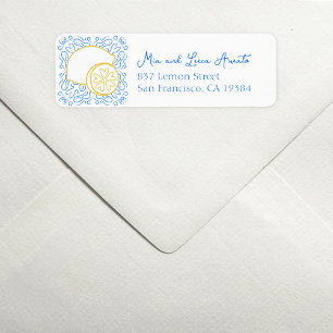 Romantic Blue Tile Citrus Lemon Luxury Wedding Label