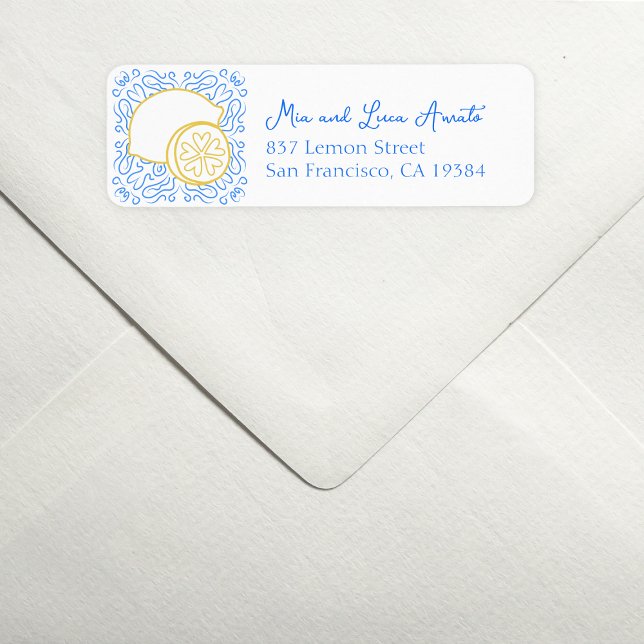 Romantic Blue Tile Citrus Lemon Luxury Wedding Label (Add a zesty twist to your mail with this chic lemon-themed address label—fresh, fun, and stylish.)