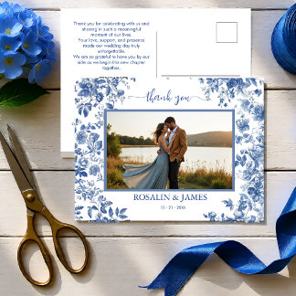 Romantic Blue Toile QR code Photo Thank You Postcard