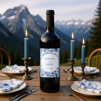Romantic Blue Toile Wedding Wine Label